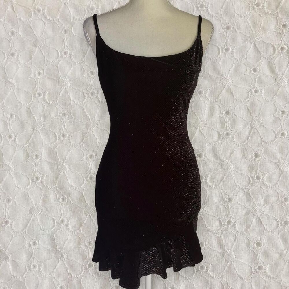 Vintage 90s B. Darlin Velour Glitter Asymmetrical Ruffle Mini Dress